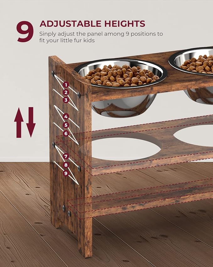 Vantic Elevated Dog Bowls, Adjustable Bowl Stand Large/XLarge, Rustic Brown | Particle Board Raised Dog Bowl Stand with 2 Stainless Steel Bowls for Large and Extra-Large Dogs - Image 2