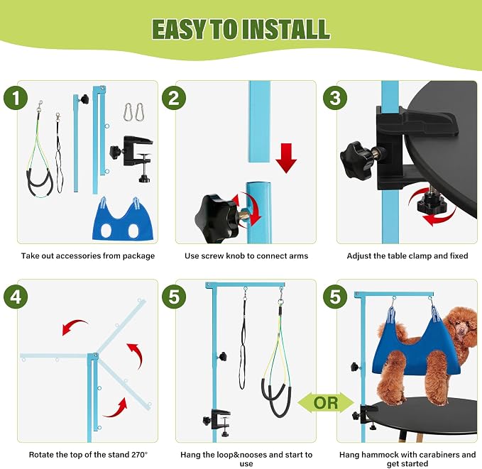 getlstub Dog Grooming Arm with Pet Grooming Hammock, 35" Pet Grooming Table Arm with Adjustable No Sit Haunch Holders, Dog Grooming Stand with Loop Noose for Small and Medium Pets, Blue - Image 7