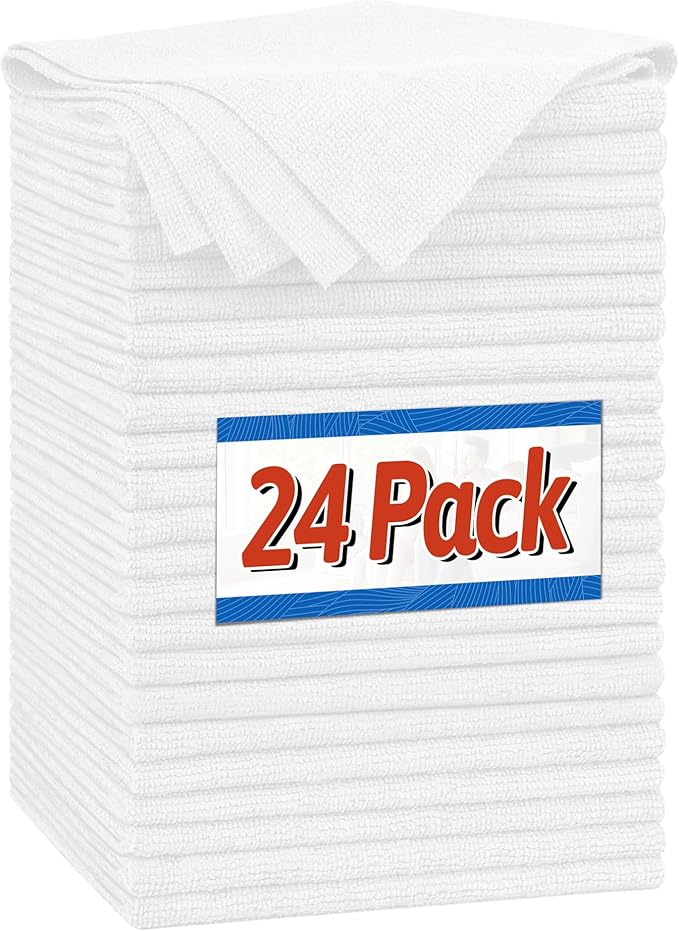FIXSMITH Microfiber Cleaning Cloth, Shop Towels Bulk, 24 Pack White Microfiber Towels for Cars, All-Purpose Absorbent Cleaning Rags, Dust Cloth for Automotive, Mechanic, Garage, Bar, 12 x 11 inch by FIXSMITH