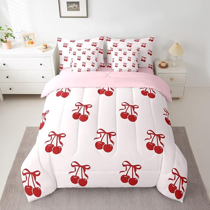 Erosebridal 7 Piece Cherry Bows Kids Comforter Set Queen Bed in a Bag,Dreamy Princess Style Bedding Set for Girls Women,Girly Red Cherries Bowknot Sheet Set,Cartoon Bow Tie Duvet Insert - Image 2