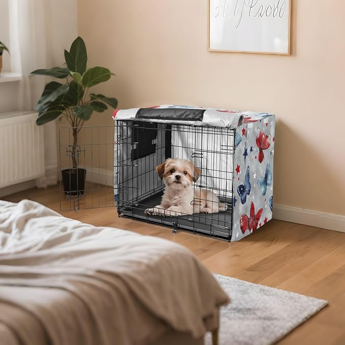 Dog Crate Cover Kennel Cover for Dog Cages Breathable for Wire Cage Indoor Outdoor Grey Patriotic Butterflies Stars - Image 7