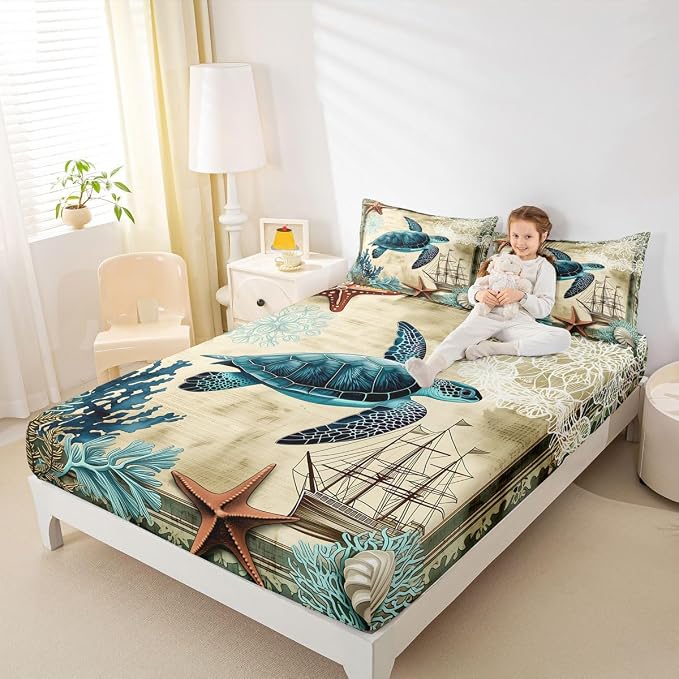 Sea Turtle Bedding Set, Ocean Beach Themed 4-Piece Sheet Set - Retro Tortoise Print, Fitted & Flat Sheets, 2 Pillowcases, Full Size - Image 5