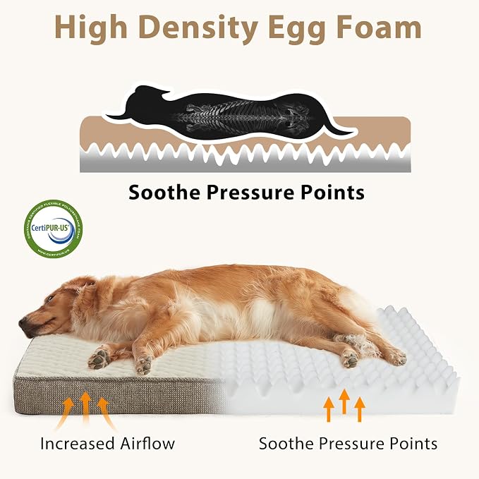 JOEJOY Orthopedic Dog Bed for Extra Large Dogs, Washable Dog Crate Bed Large Sized with Removable Cover, Egg Memory Foam Big Pet Beds, Beige, 47"x29" - Image 3
