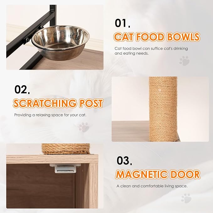 Cat Tree with Litter Box Enclosure, All-in-one Cat Tower for Indoor Cats with Large Hammock, Bed, Food Station, Scratching Posts, Modern Style Pet Furniture, Gray+White - Image 6