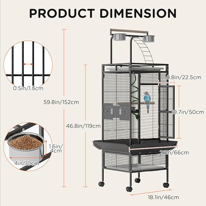 Garveehome 60 Inch Wrought Iron Large Bird Cage with Play Top, Stand | Rolling Metal Black Parrot Cage with 4 Stainless Steel Bowls for African Grey Cockatiel Sun Parakeet Conure Lovebird Budgie - Image 2
