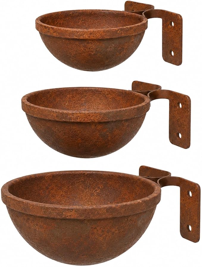 Rustic Wall Mounted Bird Feeder Bowls 3 Pack, Metal Bird Bath & Bird Seed Bowls for Wall, Fence or Tree, Vintage Outdoor Bird Water Feeder Set with Screws for Garden Decor by Unknown