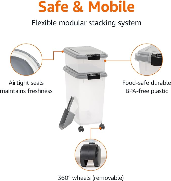 Amazon Basics 3-Piece Airtight Pet Food Storage Container Combo with Scoop, BPA Free, Removable Wheels, 33 QT + 12 QT - Image 2