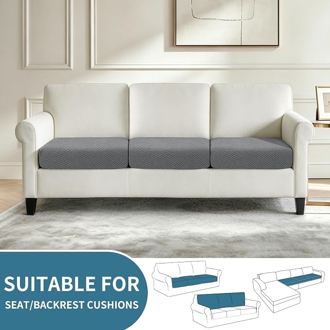 XINEAGE Large Couch Cushion Covers Seat Cushion Cover Thick Stretch Sofa Slipcovers 3 Piece Individual Couch Covers with Elastic Bottom(3 XL Seat Cushion/Backrest,Light Gray) - Image 2