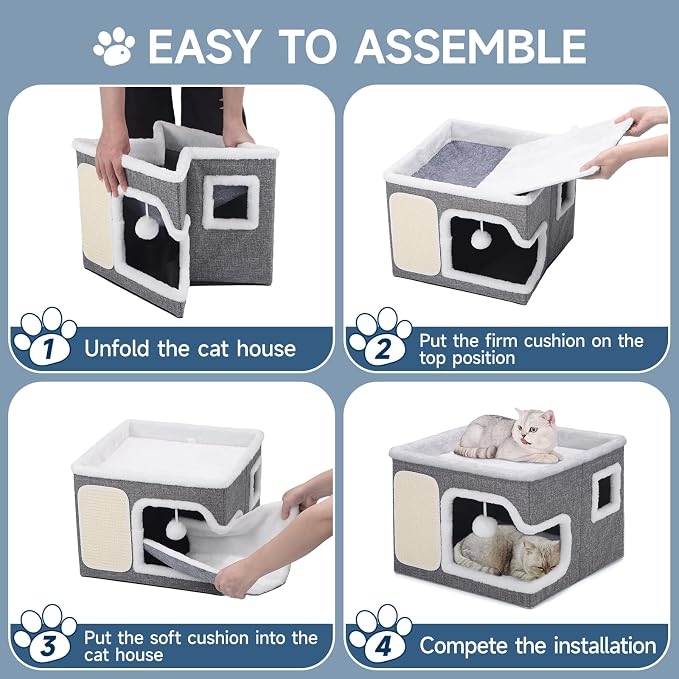 Cat Beds for Indoor Cats, Large Cat Cave with Cozy Hideout, Scratch Pad, Fluffy Ball, Foldable Cat Hideaway Hold Up to 30LBS, Indoor Cat House with Reversible Soft Cushions for All Seasons, Grey - Image 8