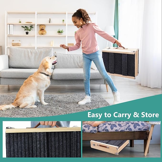 Wooden Folding Portable Pet Ramp. 4 Levels Adjustable 9" to 17.3" with Non-Slip 5 Paw Traction Mat for Small Medium Doggie. Dog Ramps-GY