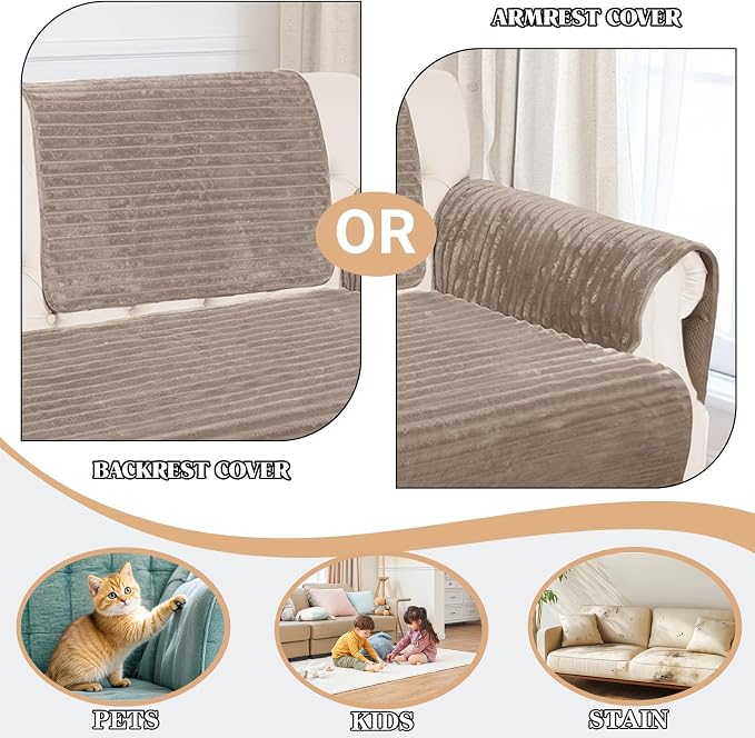 NAISI Couch Covers for Dogs Waterproof Flannel Striped Sofa Cover Pet Friendly Washable Dog Mat for Couch Anti Slip Sectional Sofa Slipcover Protector(1pc/27"x 27",Khaki) - Image 2