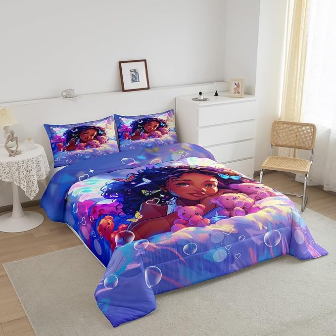 Manfei Cute American Style Girl Bed Comforter Set Queen Size,Fantasy Starry Fairy Wings Bubbles Super Soft Bedding Set for Kids,Dreamy Princess Black Lovely Kid Decorative Comforter Set,3 Pcs - Image 2