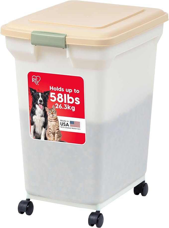 IRIS USA Dog Food Storage Container 58 lbs, Attachable Wheels, for Dog Cat Birds and other Pets, Food Storage Bin, Keep Fresh, Easy Mobility, BPA Free - Made in the USA, Almond/Pearl by IRISUSA