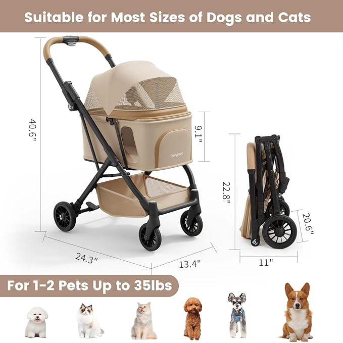 Foldable Dog Stroller Portable Compact Pet Stroller for Small/Medium Dogs & Cats Up to 35lbs One Click Folding Large Cat Carriage with Adjustable Canopy Storage Basket - Khaki