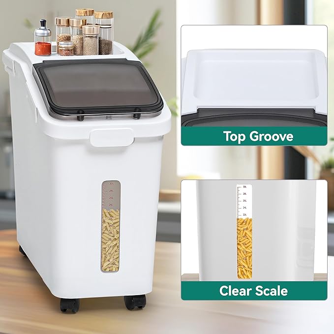 YITAHOME Large Flour Storage Container Ingredient Bins, 11.4-Gallon Rice Food storage Containers Bins with Wheels, Scoop and Airtight Lid for Bulk Rice, Cereal Grain, Sugar, White - Image 3