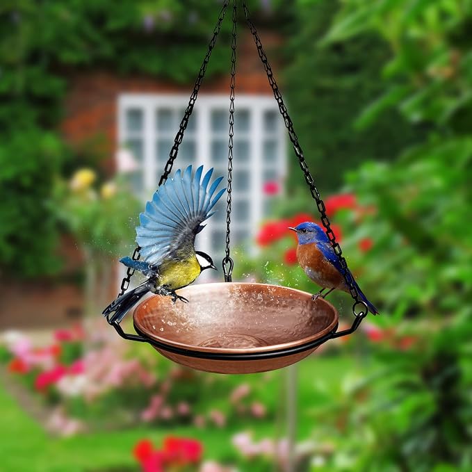 Monarch Abode Hanging Bird Bath & Bird Feeder for Outdoors – Pure Copper Hand Hammered Birds Bath Bowl w/ 17-inch Detachable Iron Chain, Birdfeeder and Birdbath for Outdoors Garden Backyard - Image 3