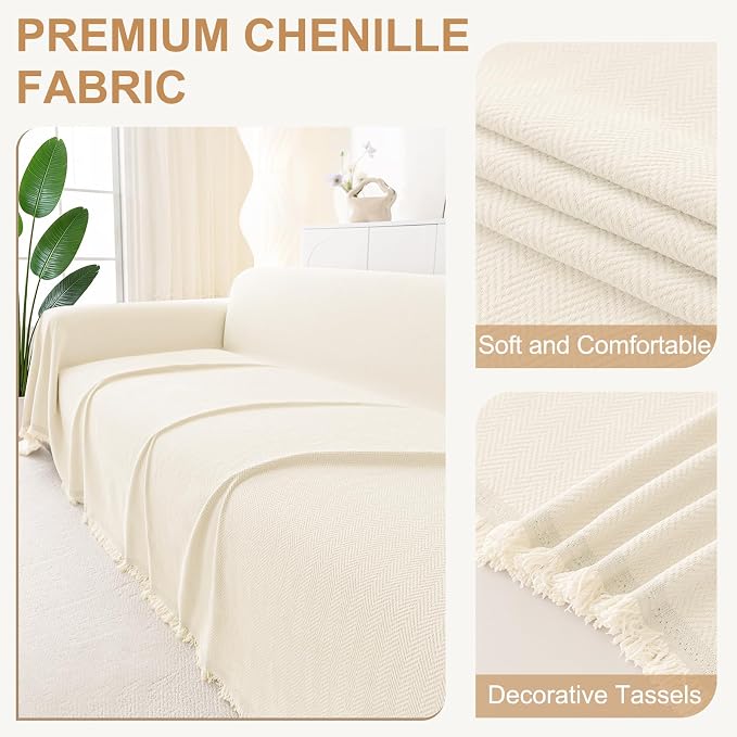 Smiry Couch Cover for Dogs, Chenille Sofa Covers for 3 Cushion Couch | Washable Soft Sofa Slipcover for Pets, Thick Sectional Furniture Protector with Tassels (Beige, 88.5x134 Inch) - Image 2