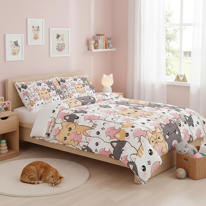 QOOMO Kawaii Cat Comforter Twin Size,Cats Bedding Set for Kids Teens Girls Boys,3Pcs Bedding Set Printed Comforter with 2 Pillowcases,Down Alternative,Soft and Lightweight，Twin Size - Image 2