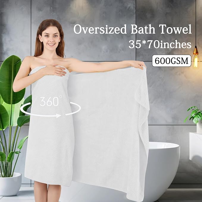 8-Piece White Bath Towels Set,2 Oversized Large Bath Towels Sheet,2 Hand Towels and 4 Washcloths - 600 GSM Soft Luxury Towel Set,Highly Absorbent Quick Dry Towel Collection for Bathroom,Hotel and Spa - Image 2