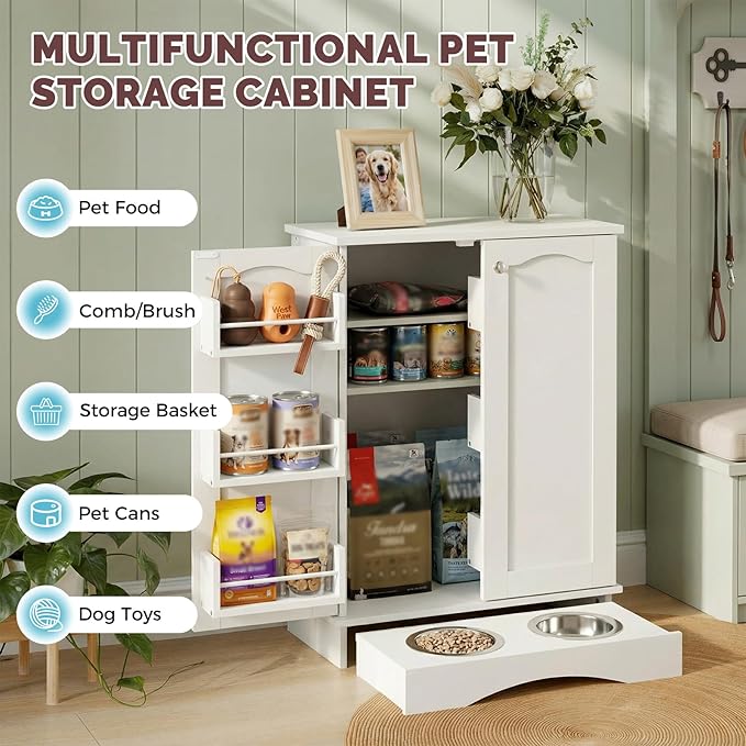 NEWOWNDS 32" H Dog Feeding Station with Storage with Adjustable Shelves | Pet Food Storage Cabinet with 2 Elevated Bowls,Hooks & Letter Stickers,Hidden Dog Feeding Organizer for Cats and Dogs,White - Image 3