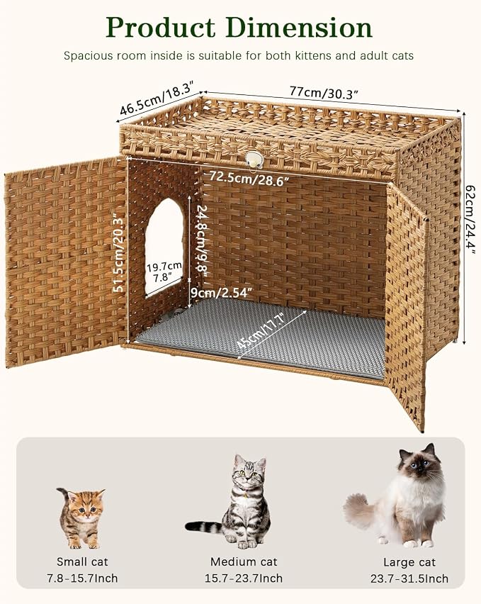 SETVSON Cat Litter Box Enclosure Furniture, Handwoven Rattan Hidden Litter Box with Mat, Large Space Cat House with 2 S-Shaped Hooks 30.3 x 18.3 x 24.4 Inches, Indoor for Living Room Apartment Natural - Image 5