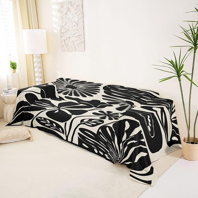 Erosebridal Boho Floral Couch Cover 71" X 150" Black Flower Sofa Cover Vintage Abstract Floral Leaves Couch Protector Aesthetic 70S Modern Sofa Protector for Cushion Couches Sofas, Washable Non Slip - Image 2