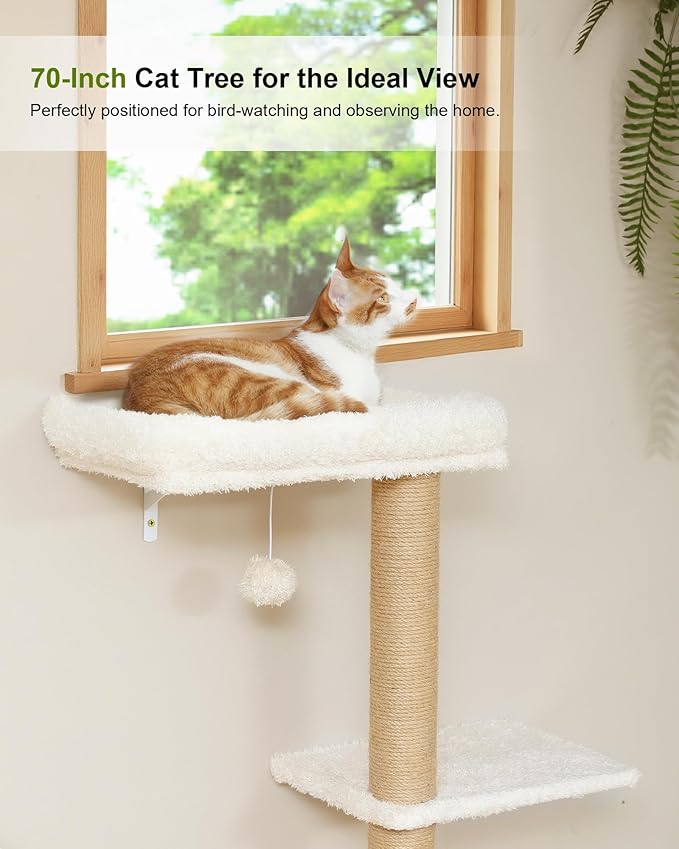 FUKUMARU Cat Wall Shelves Set, 70 inch Wall Mounted Tree, Beige | Kitten Scratching Post with Soft Cushion Perch, Space Saving Climbing Wall Furniture for 16 Inch Drywall - Image 5