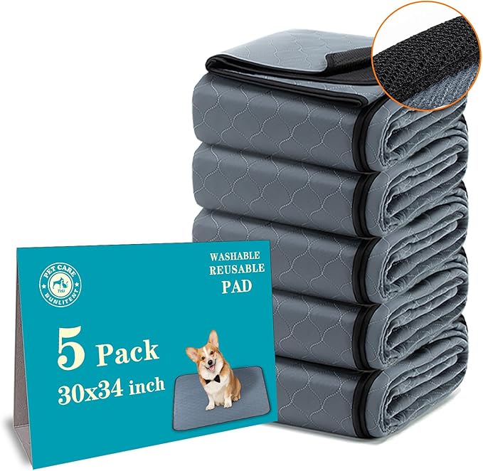 Bunlitent Reusable Pee Pads for Dogs, 5 Pack, 30"x34", Reusable Puppy Pads | Grey, Reusable, Fast Absorbent, Waterproof, Non-Slip, For Whelping, Training, Incontinence, For Dog Playpen, Crate, Car by Bunlitent