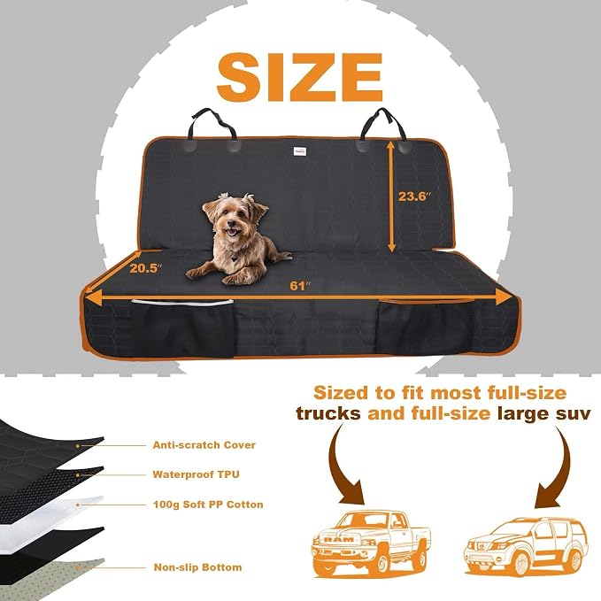 Dog Car Seat Cover for Back Seat, 61-Inch Waterproof Bench Protector | Brown Washable Truck Seat Cover for Dogs, Nonslip Bench Protector for F150, Ram 1500, GMC Sierra, Toyota and Silverado - Image 6