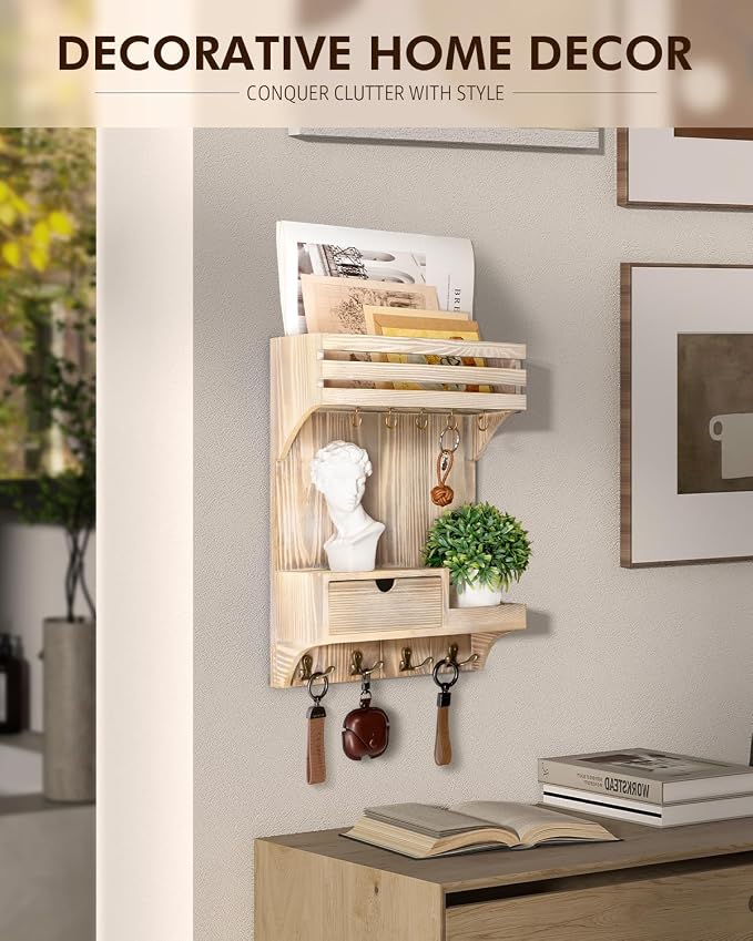 Rebee Vision Key Holder Wall Mount with Drawer for Entryway, Natural Wood | Key Holder for Wall, 9 Key Hooks, Wall Shelf, Drawer Organizer, Mail Sorter, Key Hanger Home Decor, Decorative Home Storage - Image 3