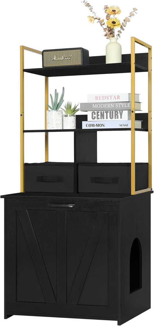 Dwanton Litter Box Enclosure with 2 Storage Shelves and 2 Drawers, 2-in-1 Hidden Cat Litter Box Enclosure Furniture with Shelf, Reversible Entrance, Washable Drawers, 50-Inch, Black+Gold by DWANTON