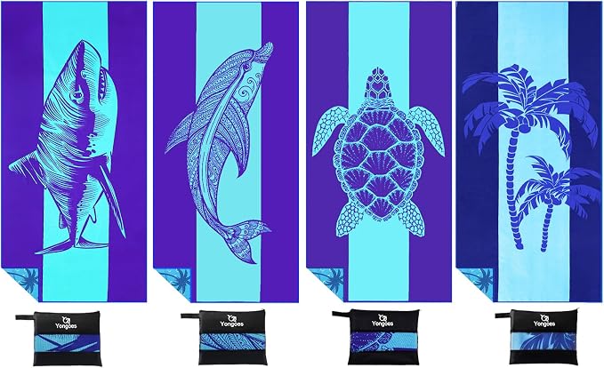 Yongoes 4 Pack Microfiber Beach Towel Oversized 71x32 Blue Sea Animal Palm | Lightweight Thin,Sand Free,Super Absorbent Quick Dry Large Towels for Swim Pool Bath Travel Vacation Accessories Essentials by Yongoesbeachtowel