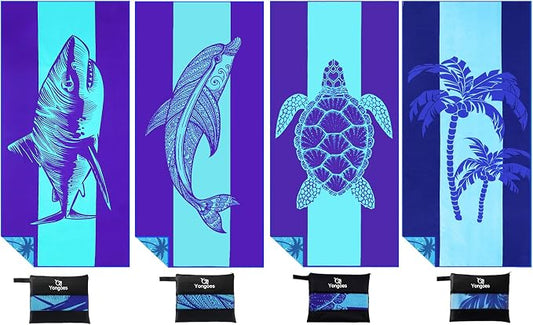 Yongoes 4 Pack Microfiber Beach Towel Oversized 71x32 Blue Sea Animal Palm | Lightweight Thin,Sand Free,Super Absorbent Quick Dry Large Towels for Swim Pool Bath Travel Vacation Accessories Essentials by Yongoesbeachtowel