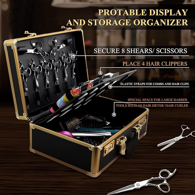 Barber Case Clipper Bag Black, Hair Kit Tool Box Aluminum Organizer with Portable Handle and Secure Numlock for Scissors, Clippers, Barber Supplies 15.8" x 11" x 6.5" - Image 6