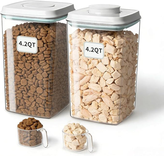 Dog Food Storage Containers 2 Pack, 4L/4.2 Qt Each Airtight Pet Canisters with One-Touch Lids, 130ml Scoops, BPA-Free Stackable Clear Kibble Holders for Kibble, Cat Food and Treats by Aloxina