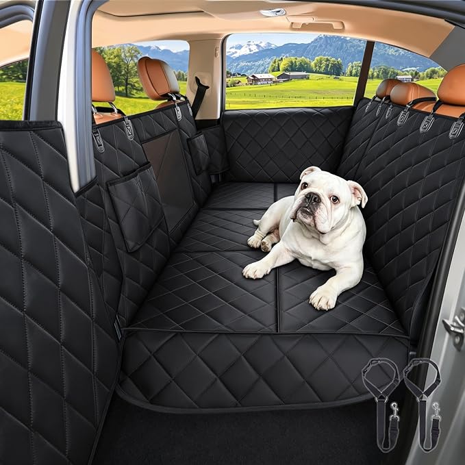 Back Seat Extender for Dogs + 2 Dog Seat Belts, Waterproof Heavy Duty Hard Bottom Car Seat Cover for Dogs with Door Protector Cover & Mesh Window | Dog Hammock for Car Pet Seat Protector for Car/Suv by Comwish