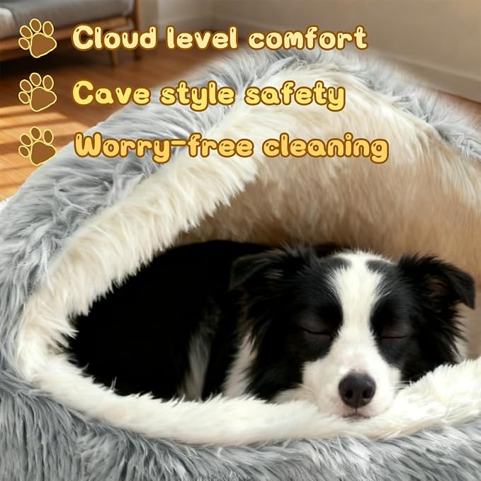 ShinHye Round Plush Fluffy Hooded Cat Bed Cave, Cozy for Indoor Cats or Small Dogs, Waterproof Bottom, Washable（30 in） - Image 4