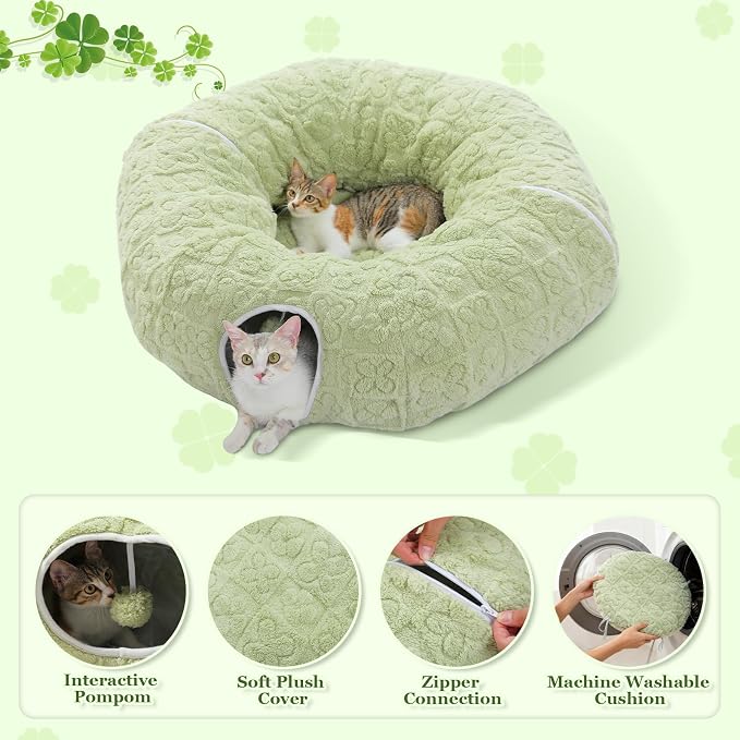 PEQULTI Cat Tunnel with Bed for Indoor Cats, Cat Play Donut Tunnel with Washable Soft Plush Mat, Round Tube Toys Cute Tube for Kittens, Puppies, Rabbits and Ferrets, Green - Image 7