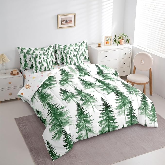 Erosebridal Green Christmas Queen Comforter Set with Sheets 7 Piece Winter Forest Pine Tree Bed in A Bag Merry Christmas Tree Theme Bedding Sets for Men Adults New Year Holiday Xmas Bed Set - Image 4
