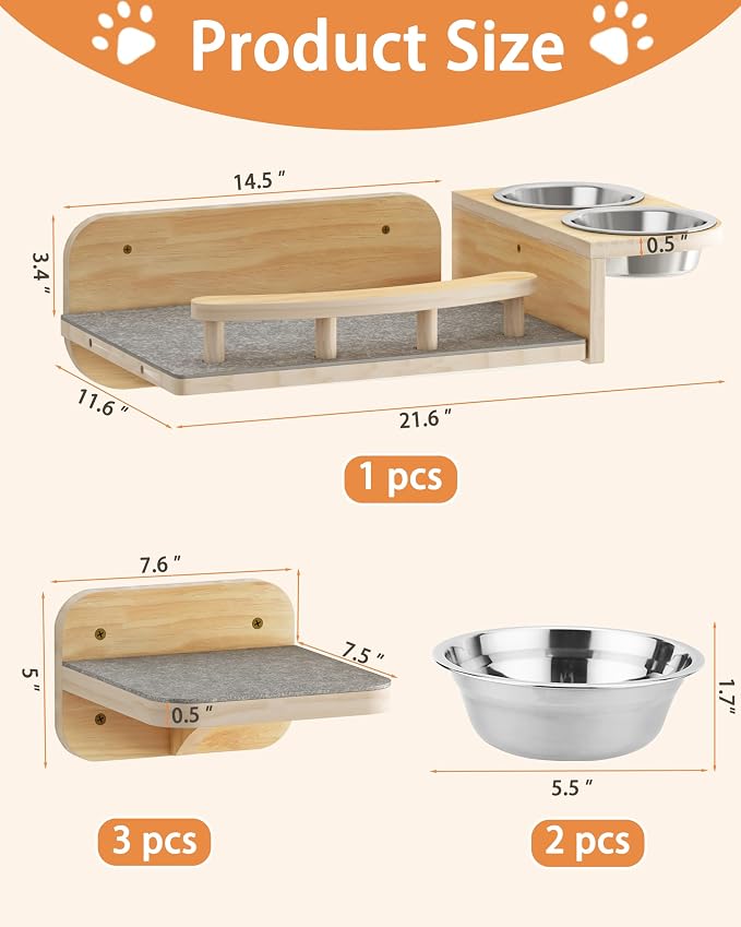 Meidok Cat Wall Furniture,Cat Wall Shelves,Dog Proof Cat Feeding Station with 3 Wide Wall Steps and 2pices 304 Stainless Steel Bowl Cat Feeding Shelf for Cats up to 25 Lbs - Wood Color - Image 2