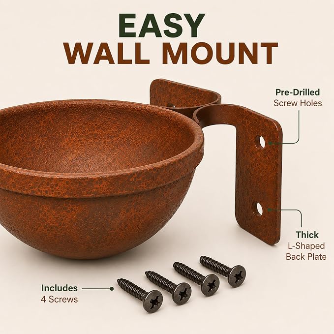 Rustic Wall Mounted Bird Feeder Bowls 3 Pack, Metal Bird Bath & Bird Seed Bowls for Wall, Fence or Tree, Vintage Outdoor Bird Water Feeder Set with Screws for Garden Decor - Image 3