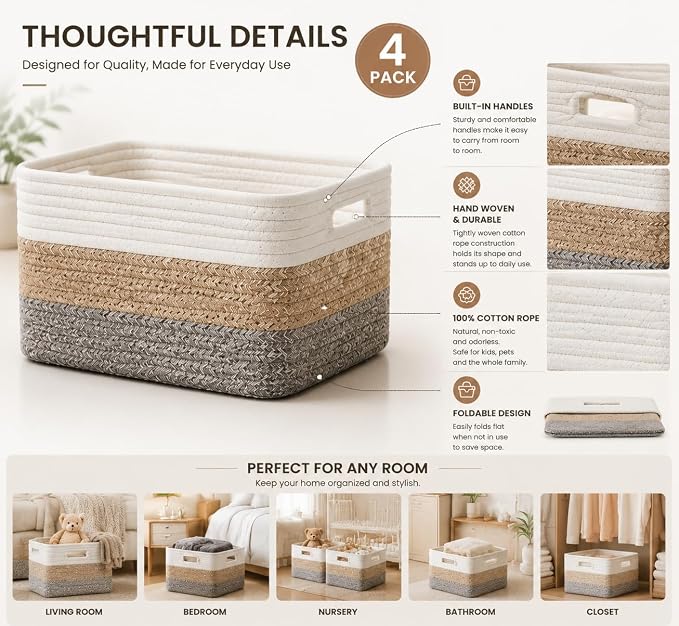 4 sets of hand-woven cotton rope storage boxes, suitable for toys, books, clothes, bathrooms, and car trunks used for organizing and decoration, Two 16x14x7 in and two 14x10x7 in - Image 2