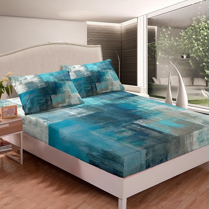 Teal Sheet Set for Kids Teens Youth,Retro Tie Dyed Bed Sheets,Grunge Turquoise and Grey Watercolor Bedding Set Full,Ombre Art Fitted Sheet Deep Pocket + Top Sheet Microfiber + 2 Pillowcases Soft - Image 4