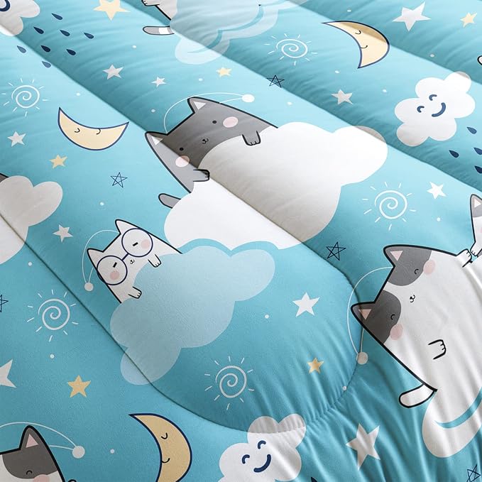 QOOMO Cat Comforter Twin Size, Blue Cloud Cats Comforter Set for Kids Teens Girls Boys, 3Pcs Bedding Set Printed Comforter with 2 Pillowcases, Down Alternative, Soft and Lightweight - Image 5