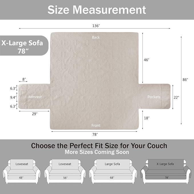 Soft Quilted Couch Cover with Pockets for Extra-Large Sofa, Anti-Slip Sofa Covers Washable for 3 Cushion Pet Friendly, Oversized Sofa Cover Water-Repellent (X-Large Sofa 78", Beige Cream) - Image 7