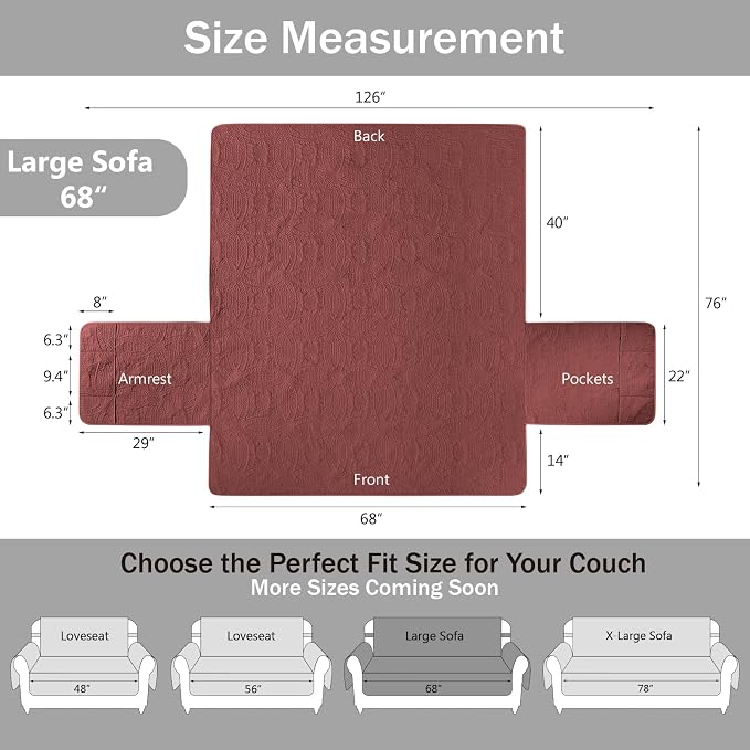 Quilted Red Sofa Slipcovers with Pockets, Anti-Slip Medallion Couch Covers for 3 Cushion Sofa, Couch Cover for Dogs Cats Water-Repellent Machine Washable (Large Sofa 68", Red) - Image 7