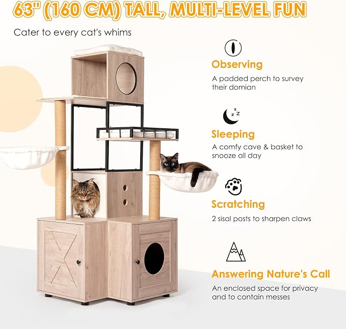 Cat Tree with Litter Box Enclosure, 63" Multi-Functional Cat Tree with Litter Box - Includes Removable Washable Cushion, Scratching Posts & Toy Hanger, Modern Design, Rustic Gray - Image 9