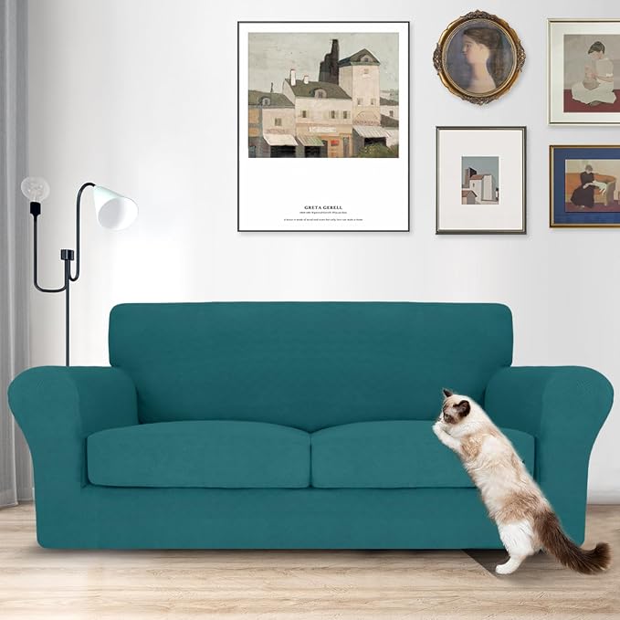 MAXIJIN 3 Piece Couch Covers for 2 Cushion Couch Sofa Cover, Stretch Loveseat Sofa Slipcovers for Sofas with 2 Large Cushions, Thick Dogs Pet Furniture Covers (71"-91", Teal) - Image 2