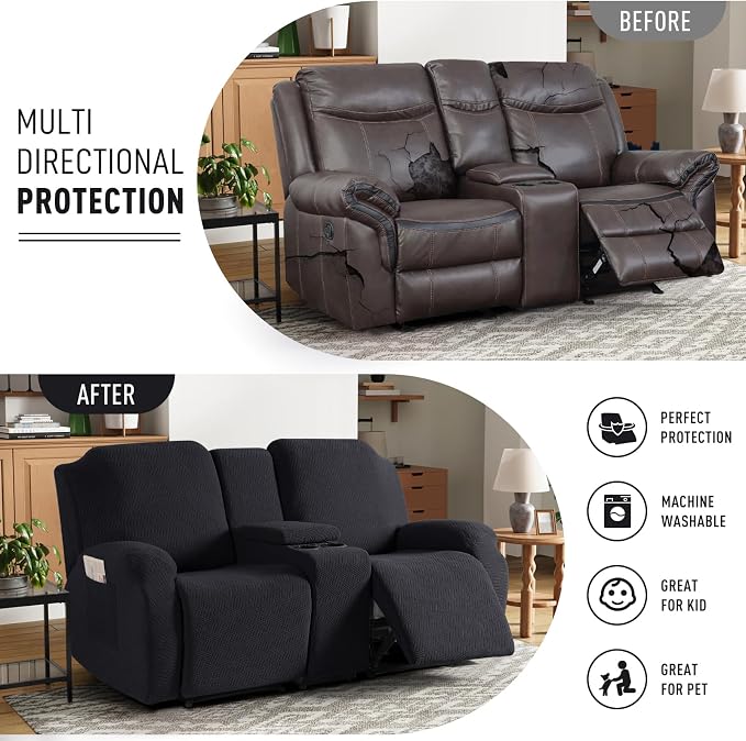 KinCam Loveseat Recliner Covers with Middle Console Slipcover, Black | Stretch Recliner Sofa Covers for 2 Seat Couch Cover, Jacquard Furniture Protector Covers with Elastic Bottom for Kids, Pets - Image 3
