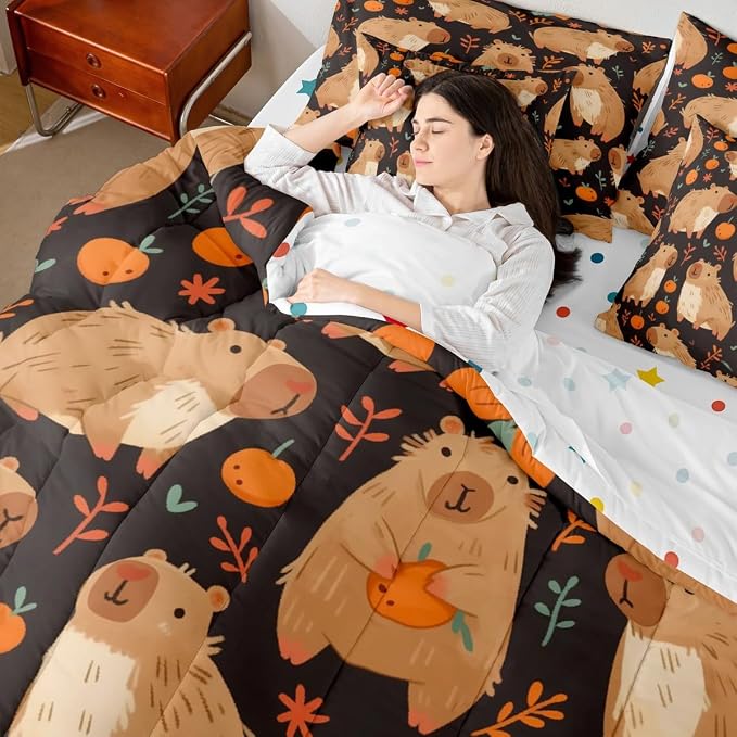 Erosebridal Cute Capybara Bed in A Bag Twin Size for Capybara Lovers, Kawaii Aninal Comforter Set with Sheets, Persimmon 7 Pieces Bedding Set, Cartoon Fruit Bedding Comforter Sets, Black - Image 7